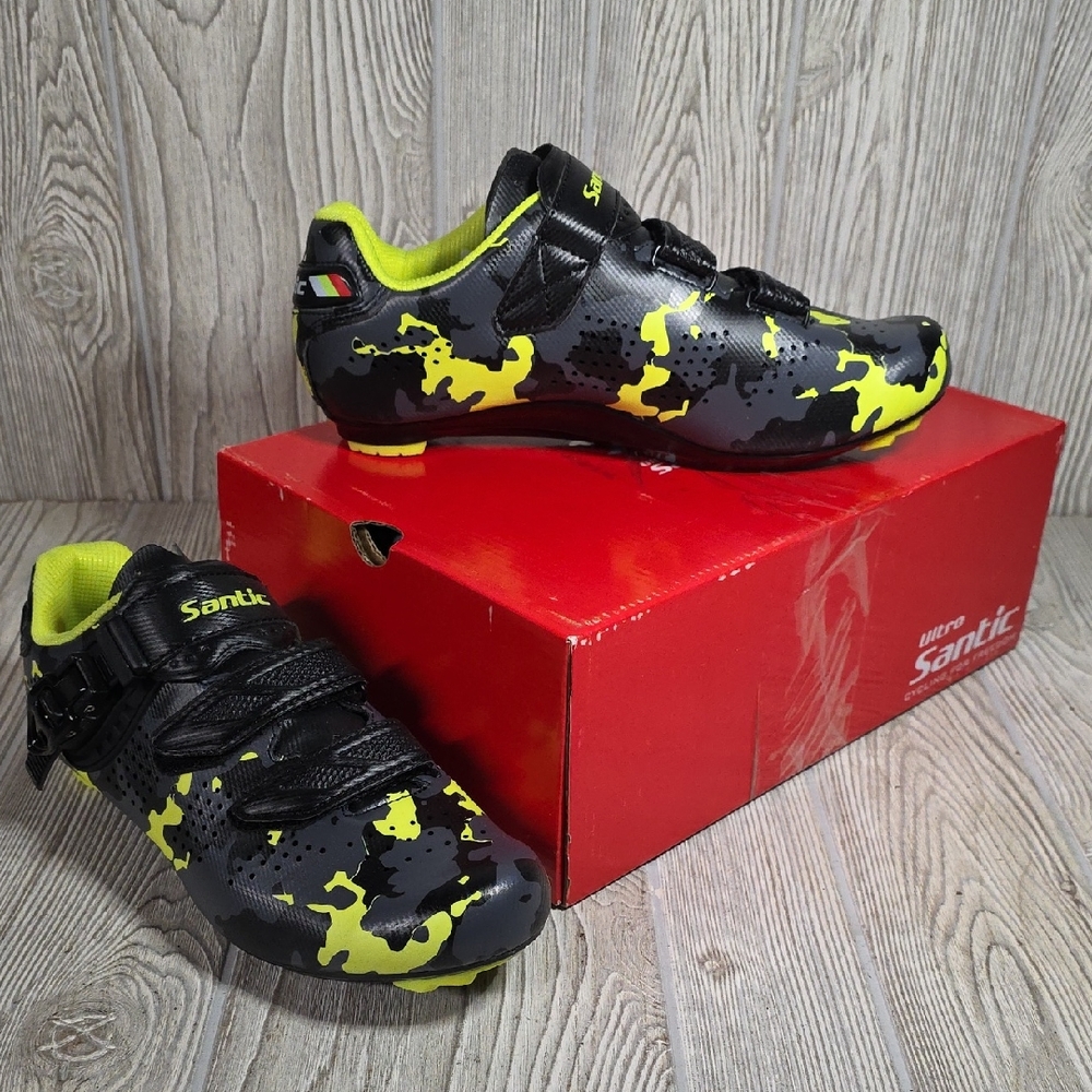 Santic Davee Neon Black Camo Cycling Road Shoes Mens Size 8 NEW